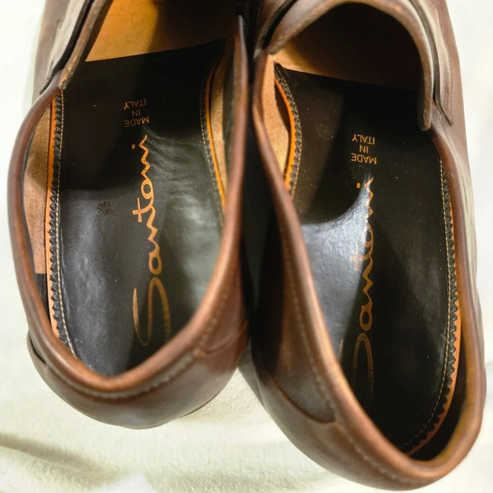 Santoni Loafers Size 11 Mens Brown Leather Penny Loafers Luxury Designer Italy